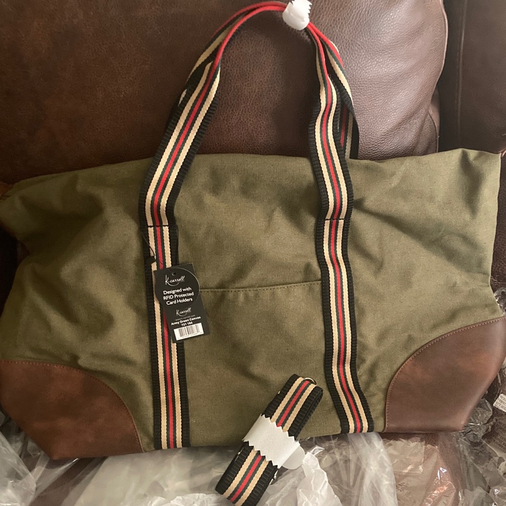 New! K. Carroll large unisex green army green canvas duffel bag.